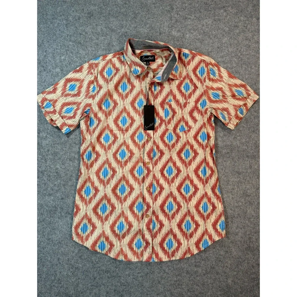 Coastal Mens Small Ikat Diamond Print Short Sleeve Button Up Shirt Red‎ Blue NEW